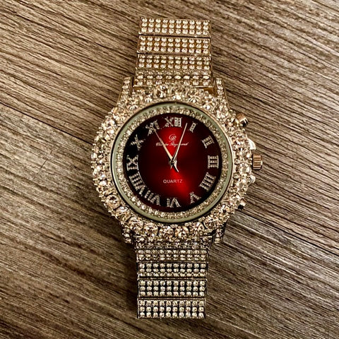 THE MILLIONAIRE 41MM // 18K WHITE GOLD ICED OUT RED DIAL BUSS DOWN DIAMOND BEZEL ROMAN NUMERALS WATCH