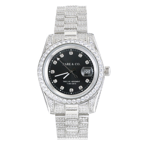THE GRAND DIAMOND 41MM // WHITE GOLD FULLY ICED OUT BUST DOWN BLACK DIAL BIG FACE LUXURY WATCH