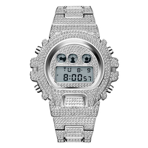 THE GLACIER SPORT // WHITE GOLD ICED OUT BUST DOWN METAL BAND LUXURY DIGITAL WATCH