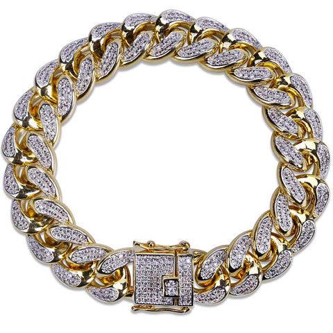 ICED OUT 18K GOLD ORIGINAL CUBAN LINK CHAIN 14MM BRACELET DIAMOND BUSTDOWN LOCKING CLASP