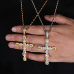 ICED OUT CANARY & PRINCESS CUT SOLITAIRE DIAMOND CROSS PENDANT CHAIN NECKLACE