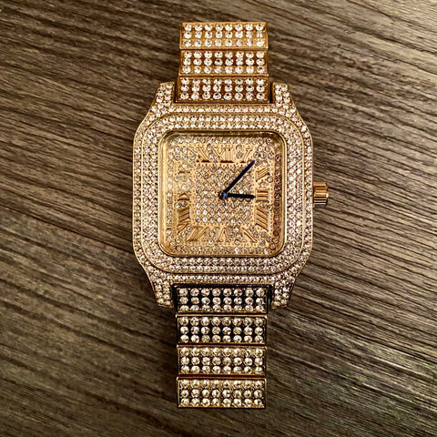 THE BILLIONAIRE 18K GOLD ICED OUT RECTANGLE BUSS DOWN WATCH