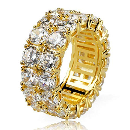 ICED OUT 2-ROW LARGE STONE DIAMOND RING GOLD 9MM BUSTDOWN