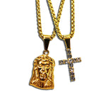 GOLD SMALL JESUS  PIECE + DIAMOND CROSS NECKLACE SET