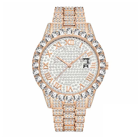 THE BIG FACE 44MM // FULLY ICED OUT BUST DOWN DIAMOND BEZEL ROMAN NUMERALS TIME+DATE ROSE GOLD WATCH