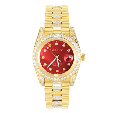 THE GRAND DIAMOND 41MM // 18K GOLD ICED OUT RED DIAL BIG FACE LUXURY WATCH