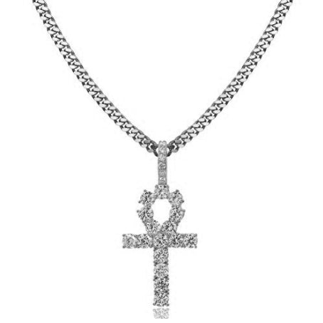ICED OUT 18K WHITE GOLD EGYPTIAN ANKH PENDANT CUBAN LINK CHAIN NECKLACE