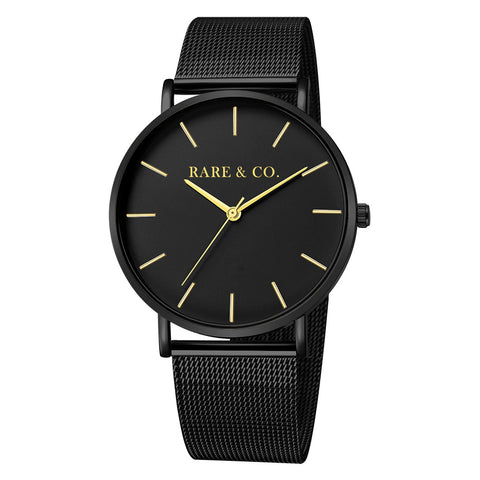 CENTURY V1 // 18K GOLD DETAIL BLACK DIAL MESH BAND DAILY CASUAL WATCH