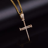 ICED OUT GOLD DIAMOND NAIL CROSS PENDANT NECKLACE