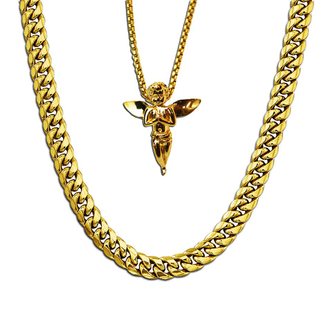 GOLD CUBAN LINK CHAIN + MICRO ANGEL PIECE NECKLACE SET